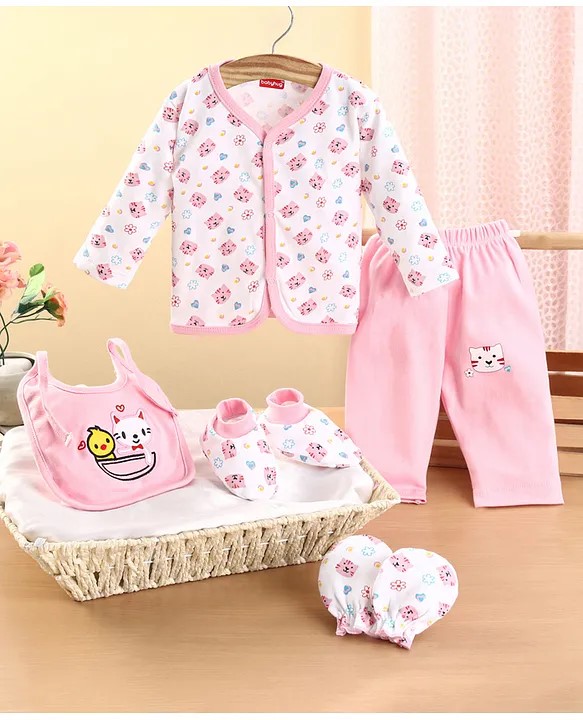 Babyhug Clothing Gift Set Animal Theme Pink & White - Pack of 5